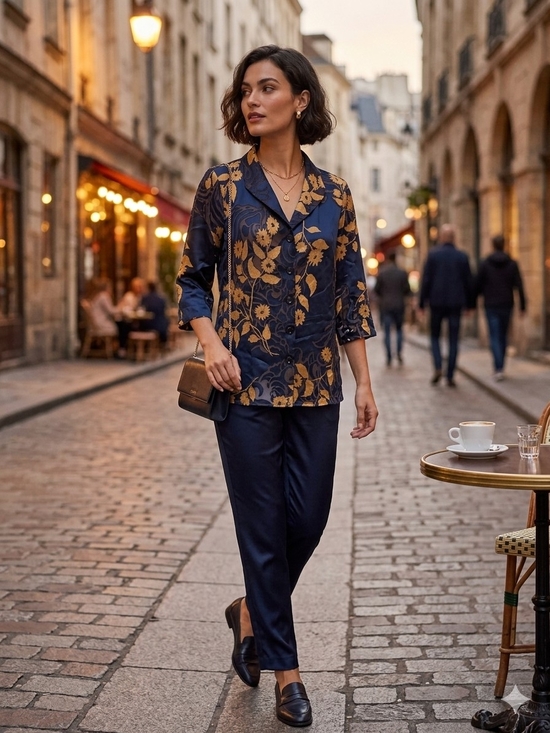 TanJay Tops - 3/$25 TanJay Navy & Gold Floral Satin Blouse